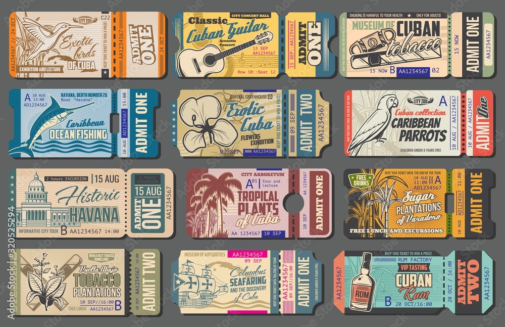 Cuba tours tickets, tourist trips to landmarks and sightseeing attractions. Vector vintage retro tickets to Havana tobacco and sugar cane plantations, sea fishing trips and Cuban adventure journey