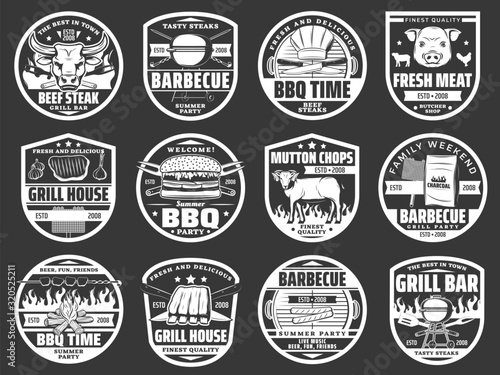 Meat grill, burgers and hot dog barbecue party icons. Vector butcher shop pork chops and beef, mutton ribs and chicken on BBQ grill fire, summer holiday picnic and butchery signs
