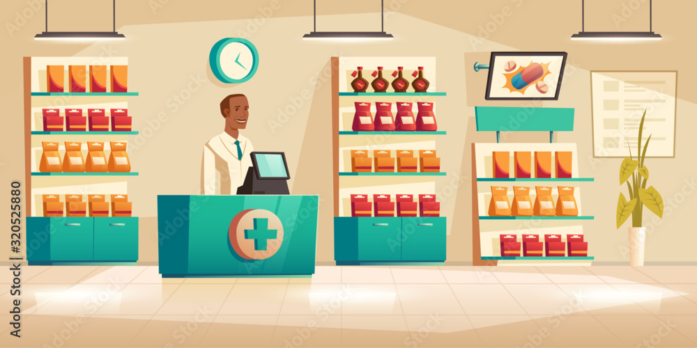 Fototapeta premium Male pharmacist at counter in pharmacy. Vector drugstore interior with medical products and vitamin on shelves, advertisment digital display and apothecary black man