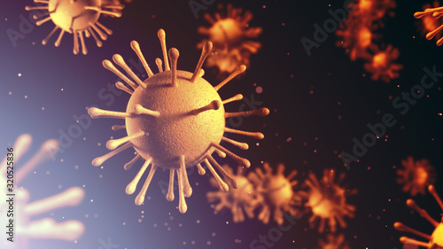 Virus cells. Coronavirus flu infection 3D illustration. Microscopic view of floating virus cells dark orange background