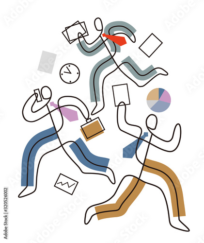 Deadline, chaos in Business, people in a hurry.  Three business people in stress running around with papers, lineart stylized. Isolated on white background. Vector available.