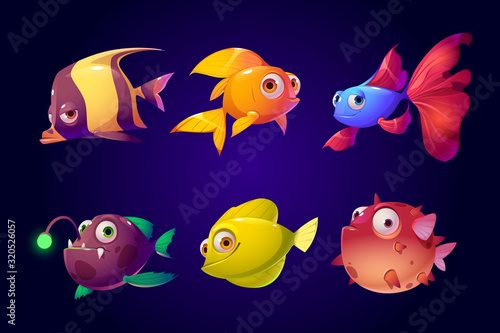 Sea fish set, tropical colorful aquarium and ocean underwater creatures with cute smiling faces and big eyes, characters for computer game, goldfish, wild angler, puffer Cartoon vector illustration