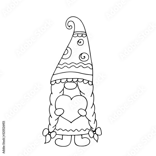 Valentine gnome with a heart. Vector hand drawn digital illustration for St. Valentine's Day.