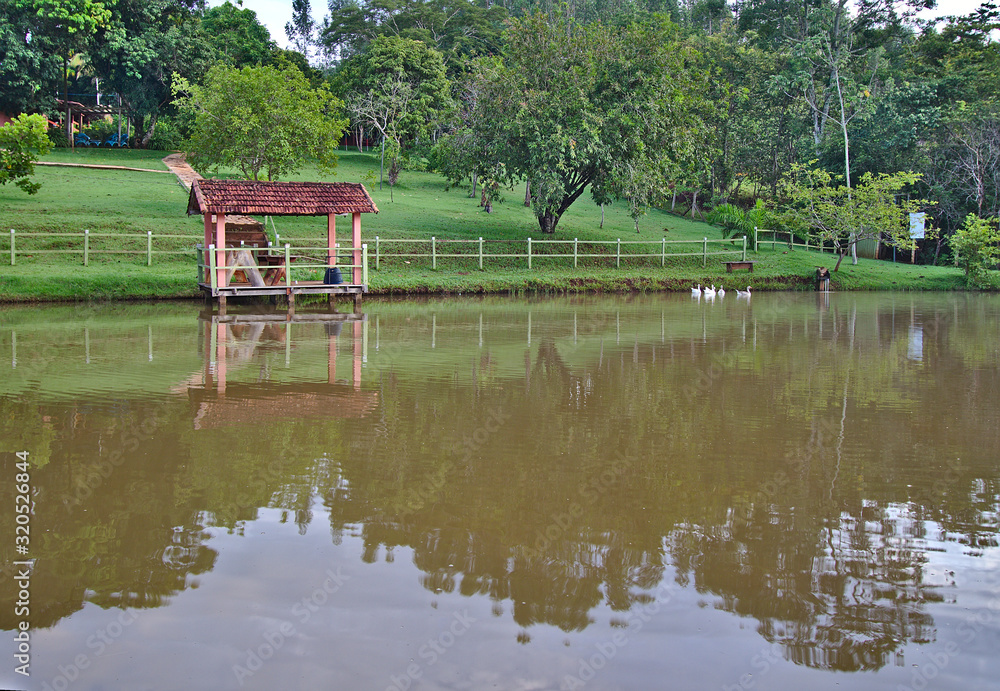 Obraz premium GOIANIRA, BRAZIL - JANUARY 18, 2020: Brazilian people have a zen moment at bucolic farm hotel on January, 2020, Goianira, Brazil.