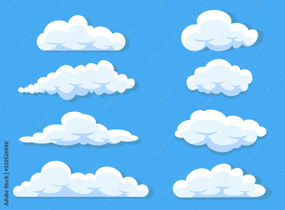 Naklejka Set chmury kreskówki styl odizolowywający na białej ilustraci