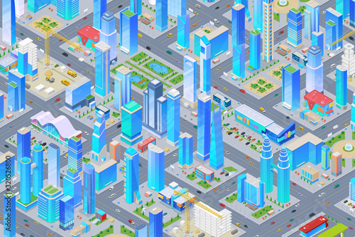 Isometric smart City with Skyscrapers, Shopping Mall buildings, streets, cars Flat vector illustration