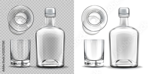 Bottle and shot glass side and top view set. Empty blank flask for alcohol drink design template mockup isolated on transparent and white background. Realistic 3d vector illustration, icon, clip art