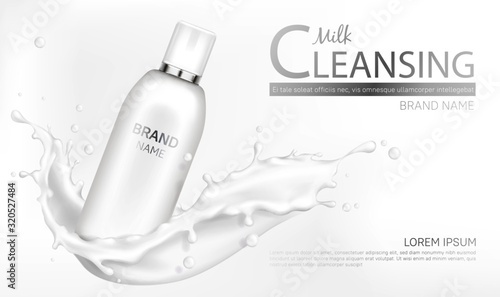 Milk cleansing cosmetics bottle mockup banner. Skin care cosmetic product tube stand at milky splash on white background. Face or body moisturizer packaging design. Realistic 3d vector illustration