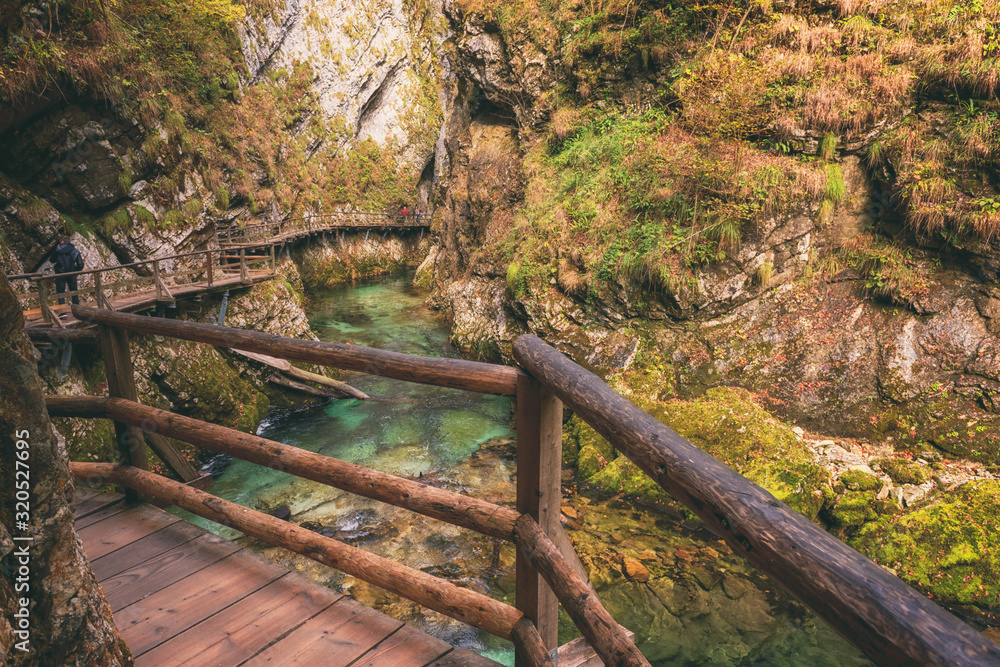 Tourist route on the wooden flooring in the famous Vintgar gorge (soteska Vintgar) or Bled Gorge (Blejski vintgar) in Slovenia. Amazing autumn landscape with scenic canyon, outdoor travel background