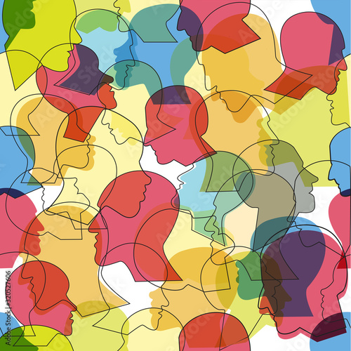 Seamless pattern of a crowd of many different people profile heads. Vector background.