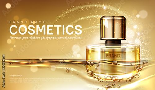 Oil perfume bottle with gold liquid on blurred sparkling background. Scent glass tube package design mockup. Women fragrance cosmetic product, promo poster ad. Realistic 3d vector illustration, banner