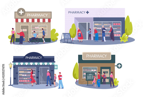 Modern pharmacy building exterior. People order and buy medicaments