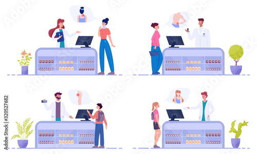 Modern pharmacy interior with visitors. Client order and buy medicaments