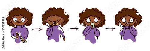 Vector isolated illustration step by step instructions for a child: brushing your teeth, rinsing your mouth. Hygiene, cleanliness, education, health. African curly baby. Hygiene Day.
