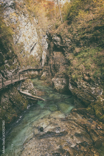 Tourist route on the wooden flooring in the famous Vintgar gorge (soteska Vin...