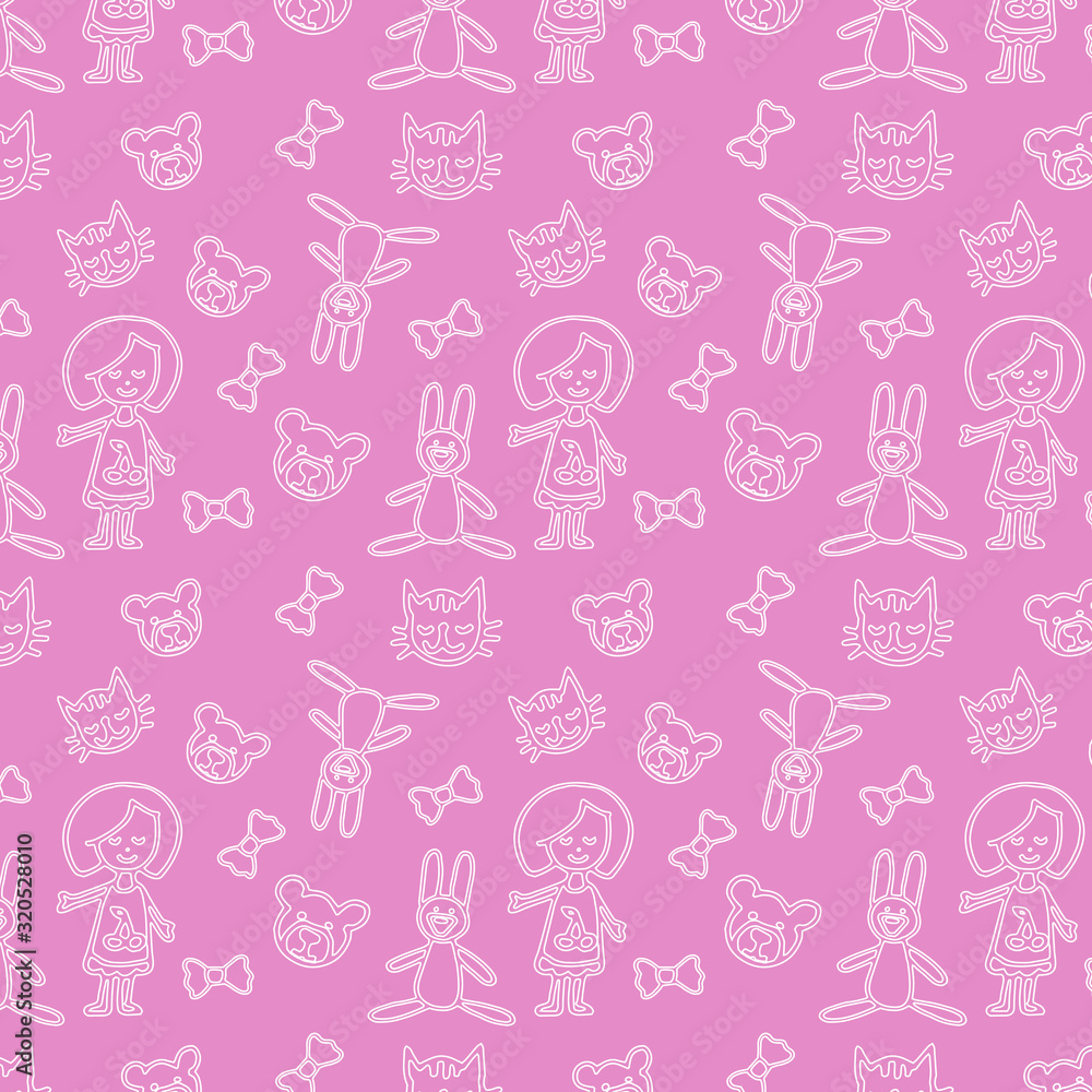 Seamless pattern with Doodle toys for cute little babies. Hand drawn children toys. kitten, bear, doll, hare. Seamless pattern with Doodle toys for cute little babies. Hand drawn children toys. kitten, bear, doll, hare.