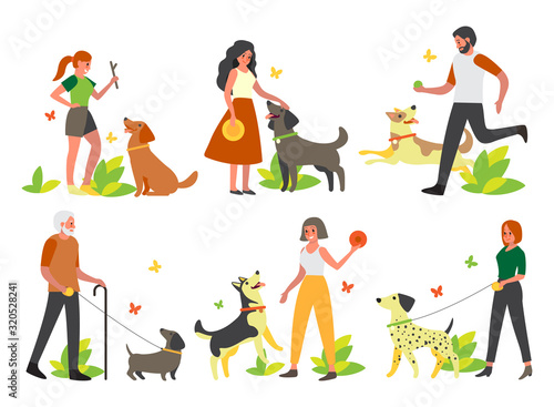 People walking and playing with their dogs set. Collection of happy