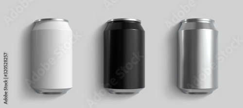 Bild auf Leinwand Set of White, Black and Metal 12 oz Beer or Soda Cans