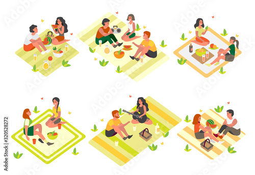 People spend time outdoor on picnic set. Summer camping with friends.