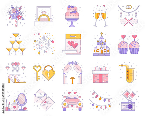 Wedding and Marriage Ceremony Line Icon Set