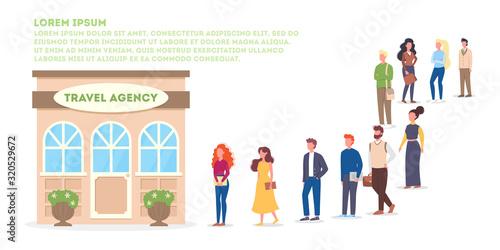 Vector illustration of big queue of people standing towards a travel agency