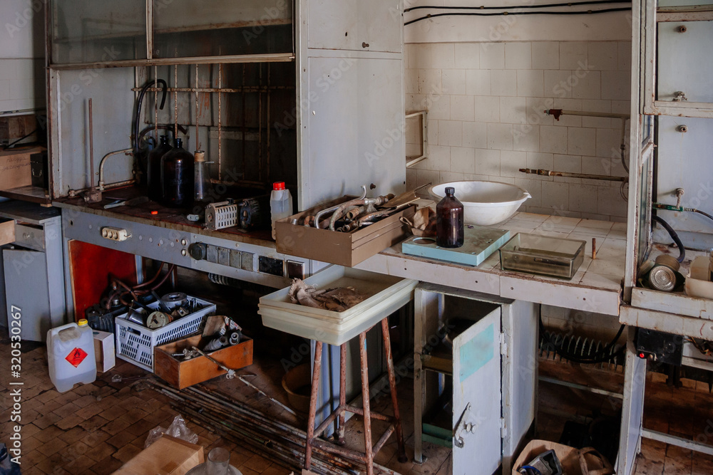 Abandoned ruined chemical laboratory. Old broken glassware Abandoned ruined chemical laboratory. Old broken glassware