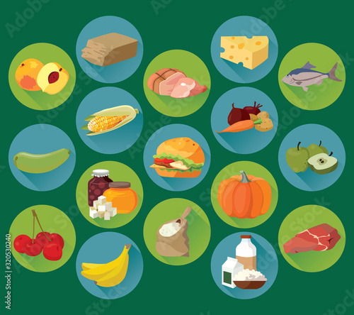 Fruits, vegetables, fats, meat, cereals, dairy products