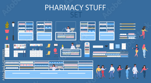 Modern pharmacy interior stuff with shelves and visitors set.