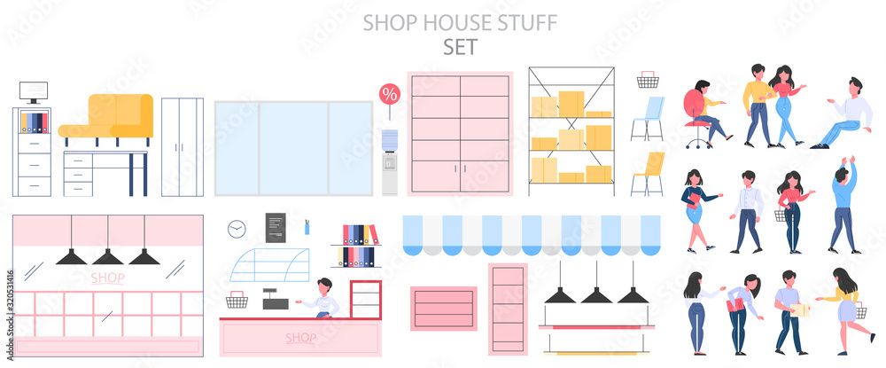 Obraz premium Empty store interior set. Counter, shelves and exposition.