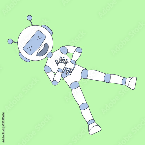 robot ha-ha emoticon with a funny laughing laugh bot with antennas and a helmet that lies on the lawn and holds on to his stomach, vector color illustration