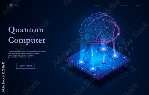 Tech background with Quantum Computer text caption and microchip image with glowing holographic human brain in purple light on dark blue background. Neural networks, AI and computing technology