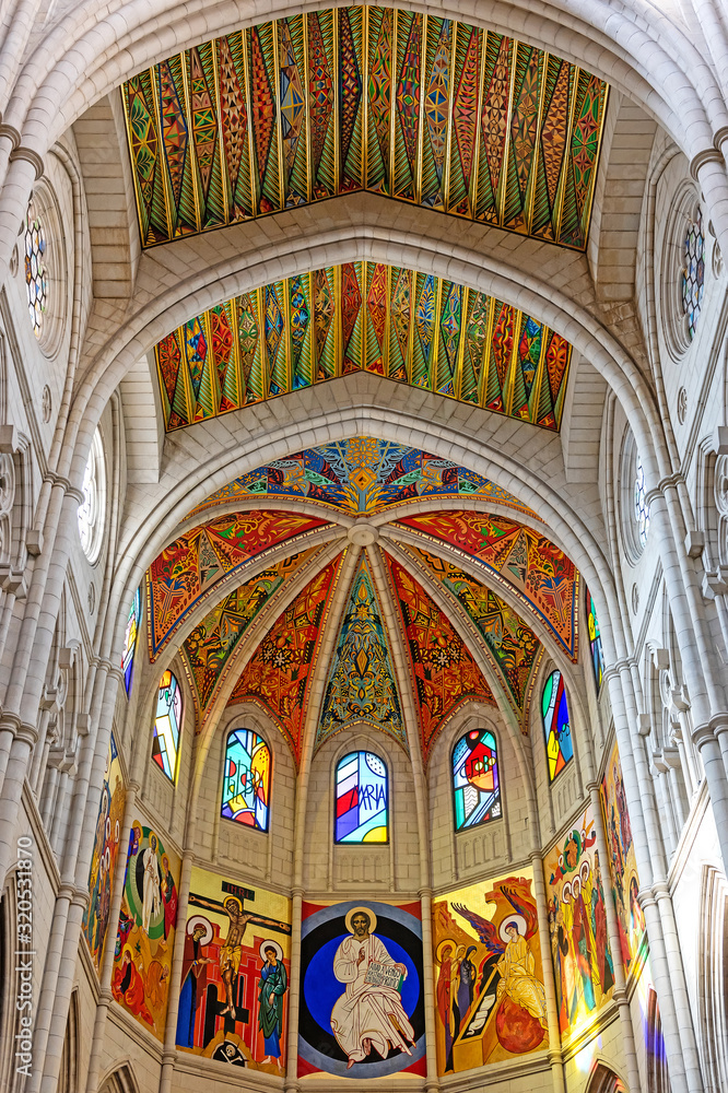 Inside Almudena Cathedral or Santa Maria la Real de La Almudena is a Catholic church in Madrid, Spain.