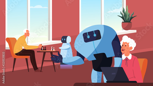 Robot spend time with old people. Robotic character