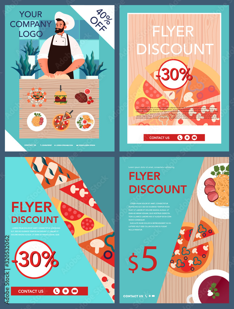 Restaurant and food delivery advert discount flyer set. Pizza and