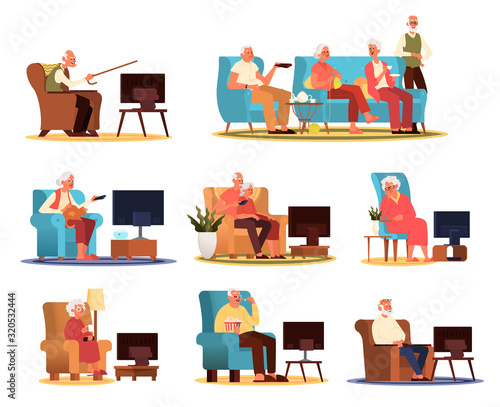 Elderly people and couple sitting on the sofa or armchair and watching TV
