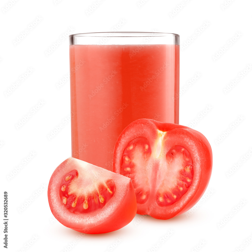 Glass of tomato juice and cut tomatoes isolated on white background Glass of tomato juice and cut tomatoes isolated on white background