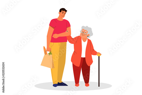 Adult male character led old lady forward by the hand.