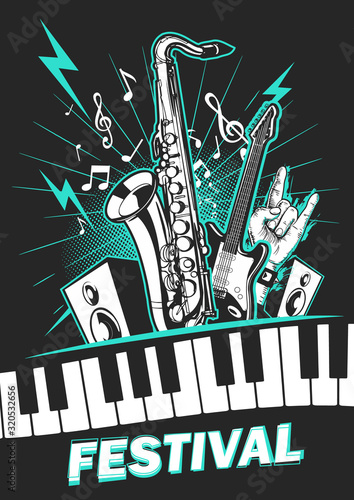 Music concert poster with musical instruments and rock hand