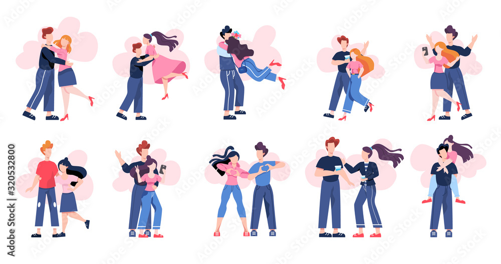 Set of vector illustration of cute romantic couple. Woman and man in love,