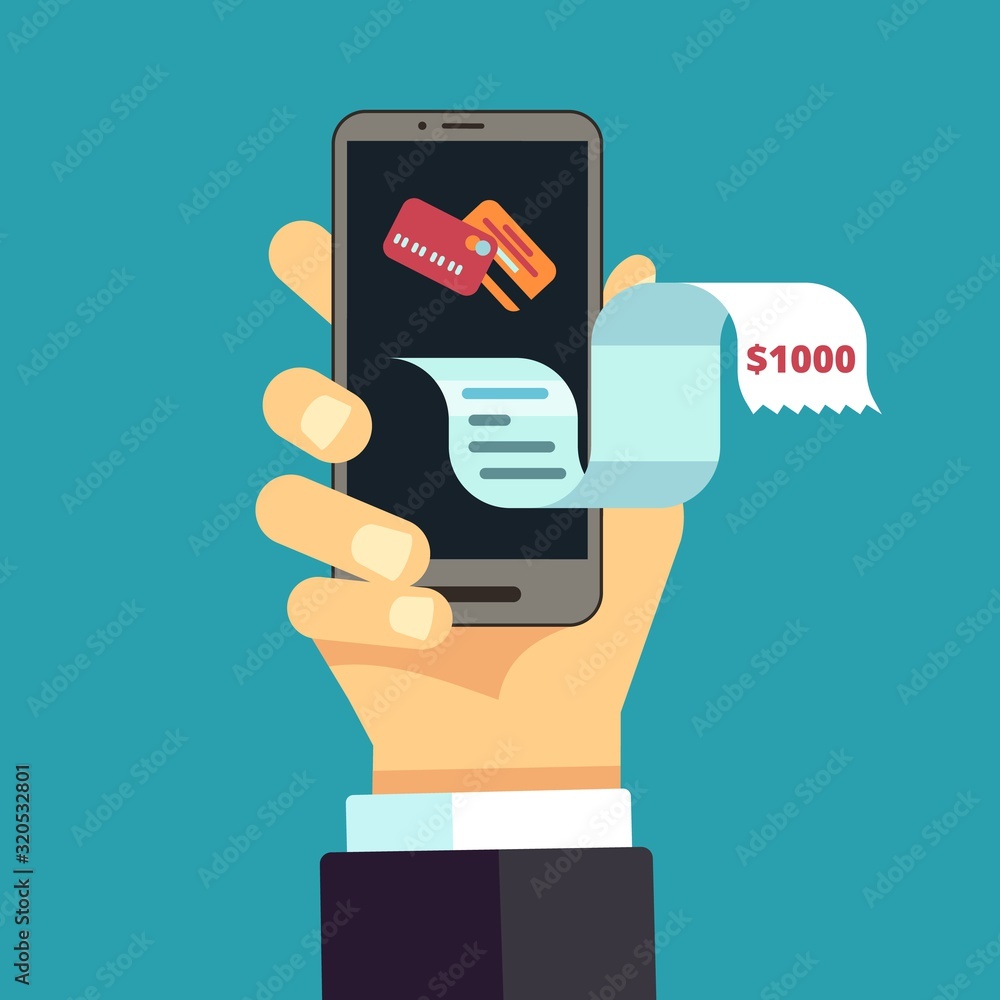 Electronic invoice. mobile receipt, online bill. digital financial expense transfer. Vector hand hold smartphone with long pay check illustration. Illustration payment bill, receipt and invoice Electronic invoice. mobile receipt, online bill. digital financial expense transfer. Vector hand hold smartphone with long pay check illustration. Illustration payment bill, receipt and invoice