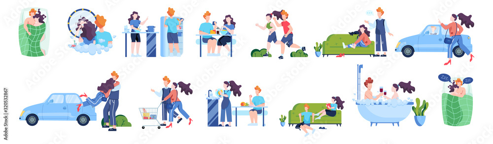 Daily routine of man and woman loving couple Daily routine of man and woman loving couple