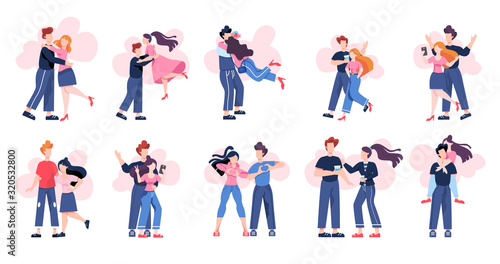 Set of vector illustration of cute romantic couple. Woman and man in love,