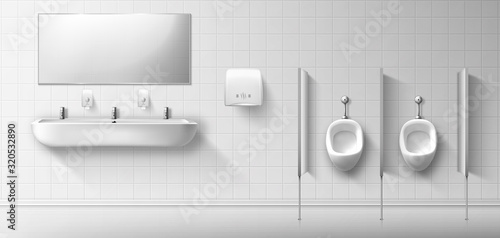 Public male toilet with ceramic urinal, sink and mirror. Vector realistic interior of empty restroom for men with pissoirs, washbasin and hand dryer on white tiled wall. Illustration of lavatory, WC