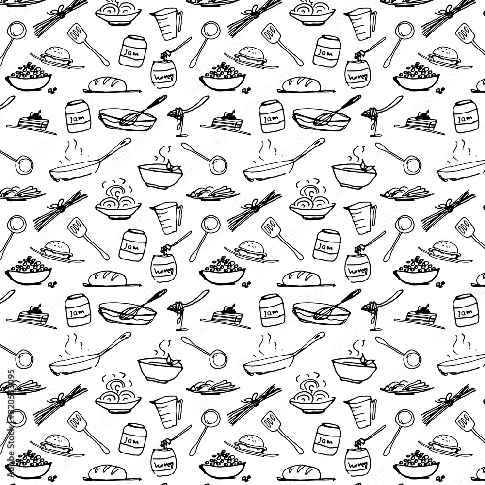 White food background. Food pattern. Collection of kitchen elements. Drawn dishes. White food background. Food pattern. Collection of kitchen elements. Drawn dishes.