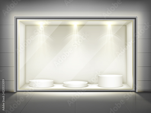 Showcase with glass wall, round podiums and spotlights. Vector realistic mockup of empty display stand, storefront with transparent window for shop, boutique, product presentarion or museum exhibition