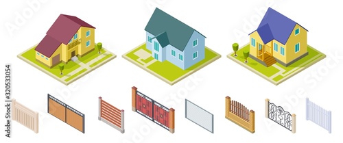 Rural houses and fences. Isolated outdoor design elements. Isometric buildings and gates vector set. Rural building and architecture construction 3d house illustration