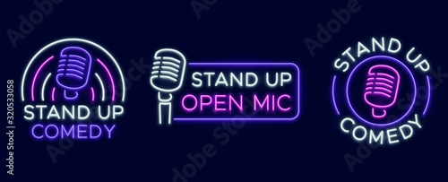 Standup show signs. Neon comedy club and open microphone icons. Comedian entertainment and event vector symbols. Illustration stand up comedy and humor, signboard with microphone