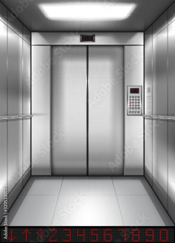 Realistic elevator cabin with closed doors inside view. Empty lift interior with chrome metal buttons and digital panel, office, hotel or dwelling indoors speedy transportation 3d vector illustration photo