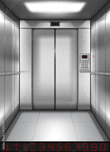 Realistic elevator cabin with closed doors inside view. Empty lift interior with chrome metal buttons and digital panel, office, hotel or dwelling indoors speedy transportation 3d vector illustration