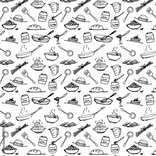 White food background. Food pattern. Collection of kitchen elements. Drawn dishes.